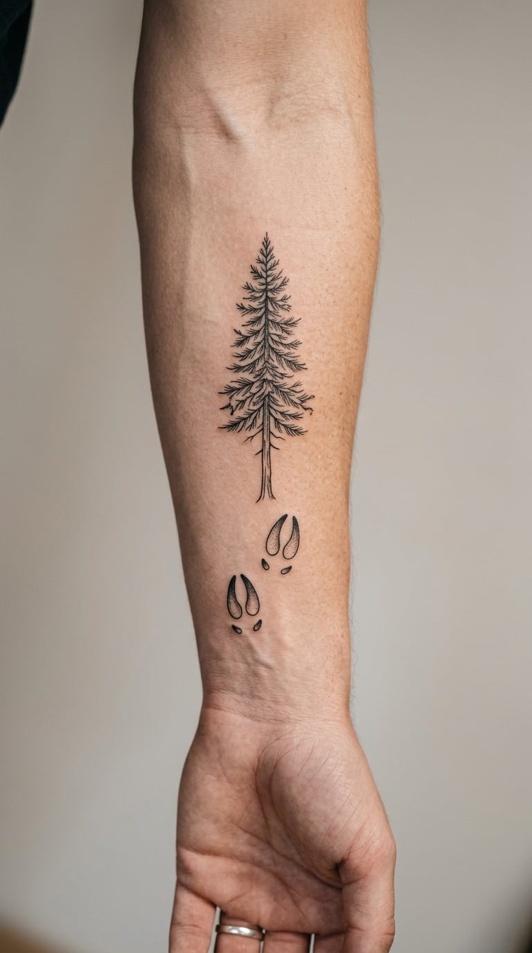 Deer Tracks and Pine Tree Tattoo