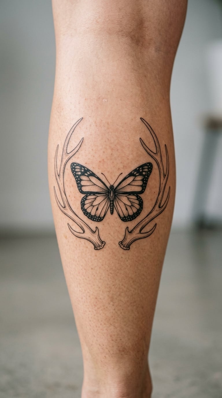 Monarch Butterfly and Antler Tattoo