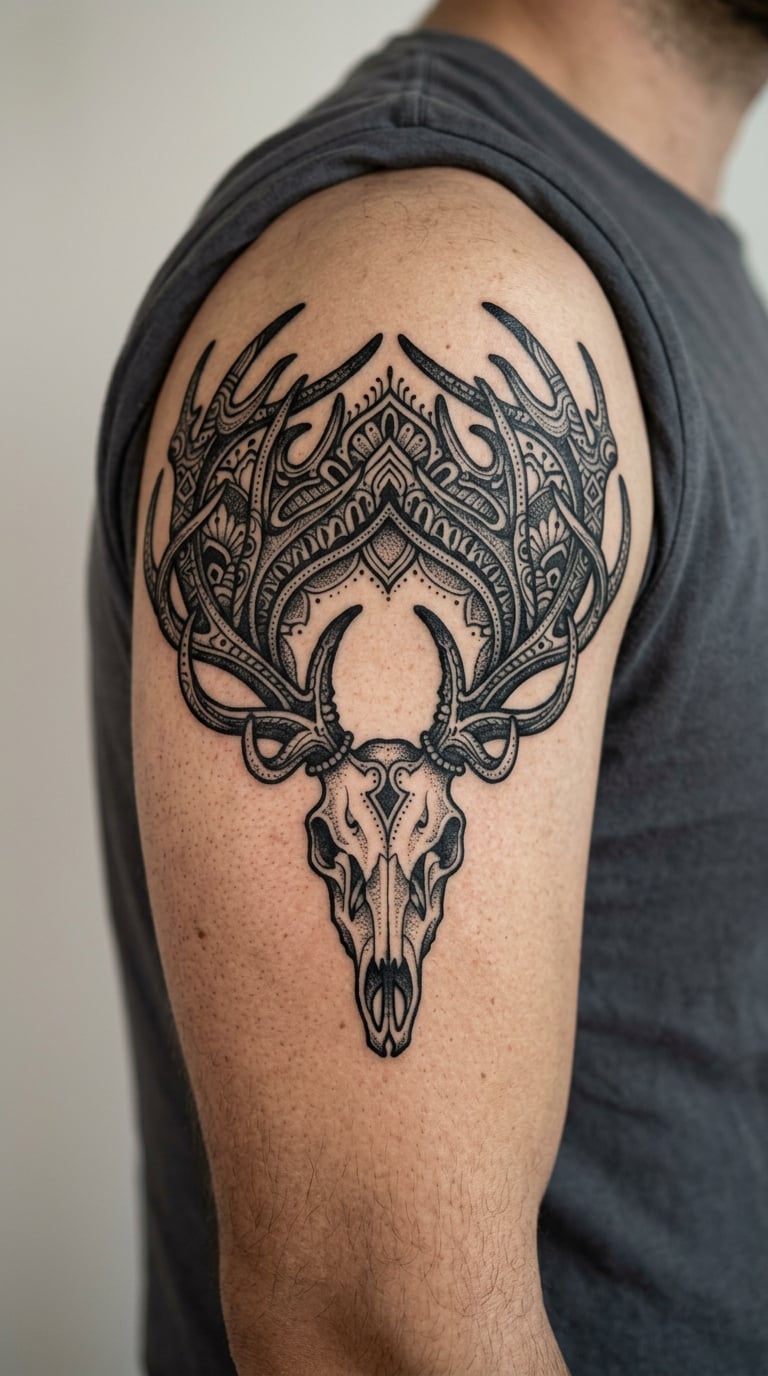 Deer Skull Blackwork Tattoo