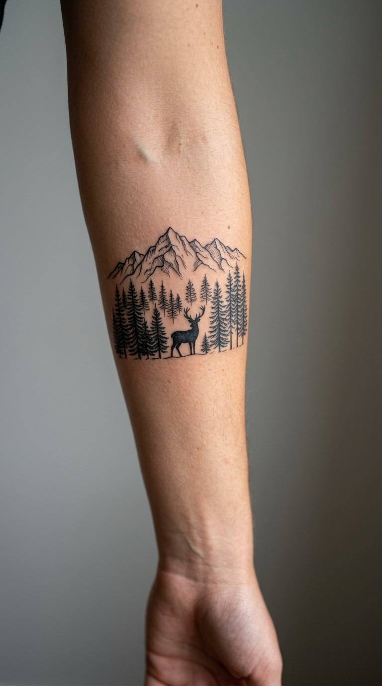Mountain and Wildlife Silhouette Tattoo