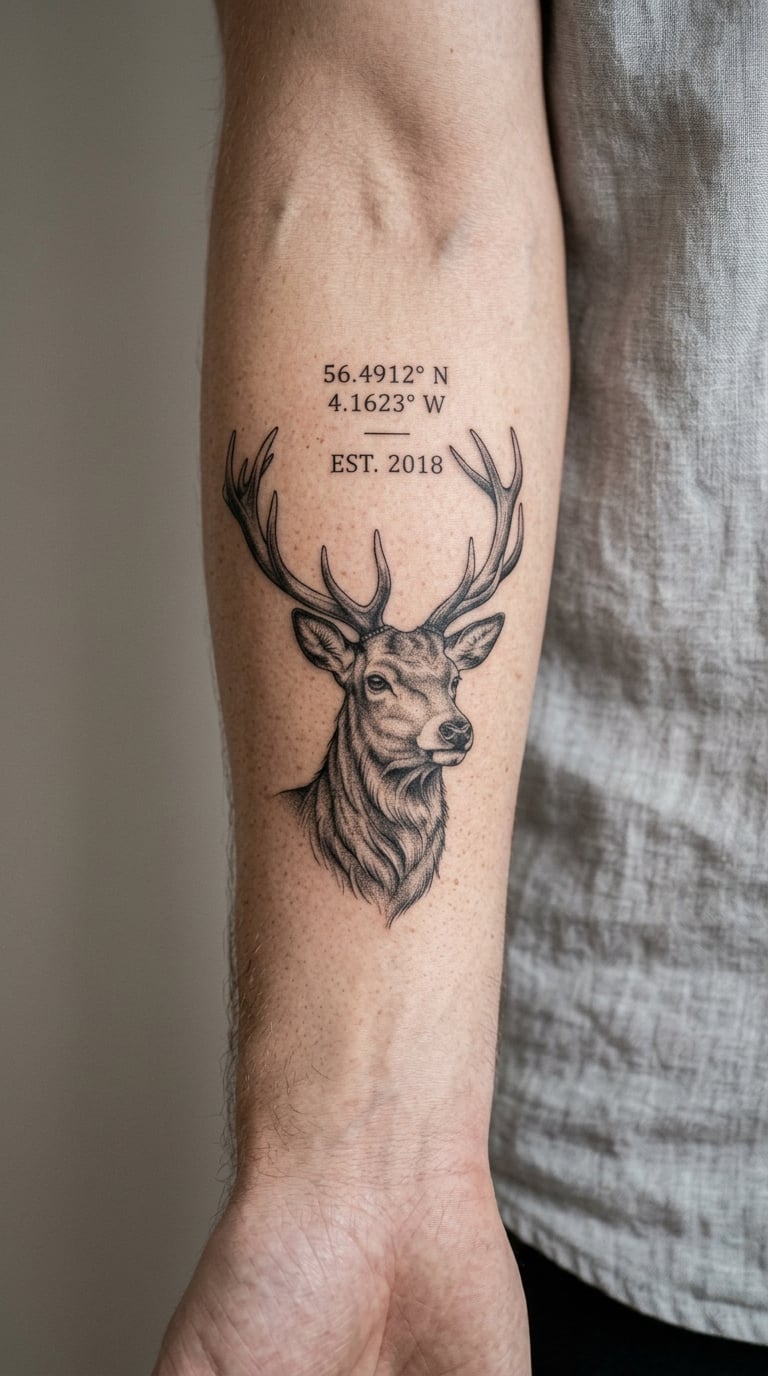 Deer Portrait with Coordinate Date Tattoo