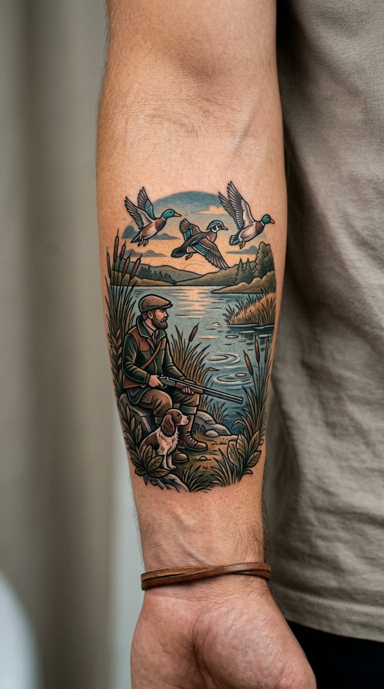 Duck Hunter Lake Scene Tattoo