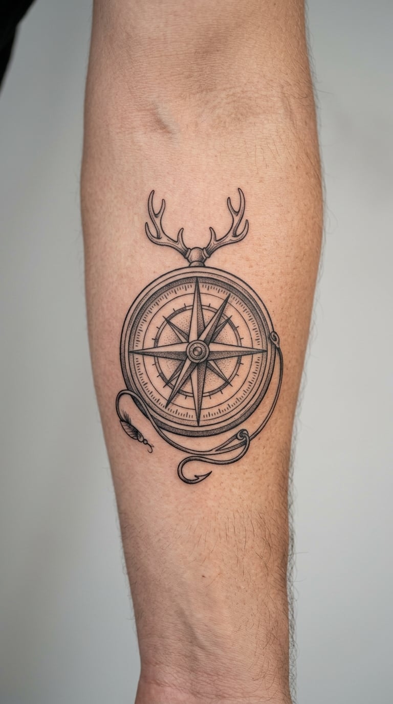 Fishing and Hunting Compass Tattoo