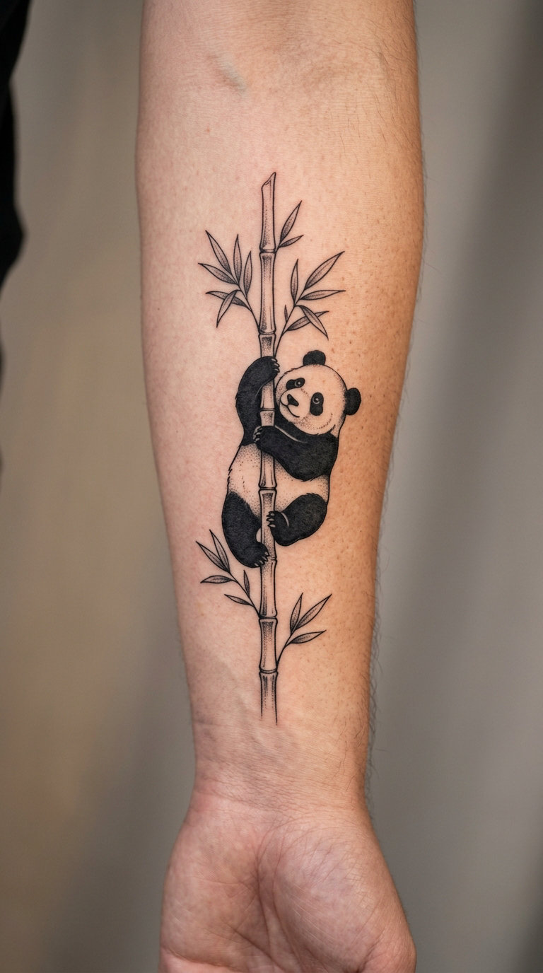 Panda Climbing a Bamboo Stalk