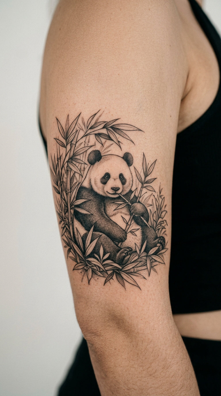 Panda Among Bamboo Leaves