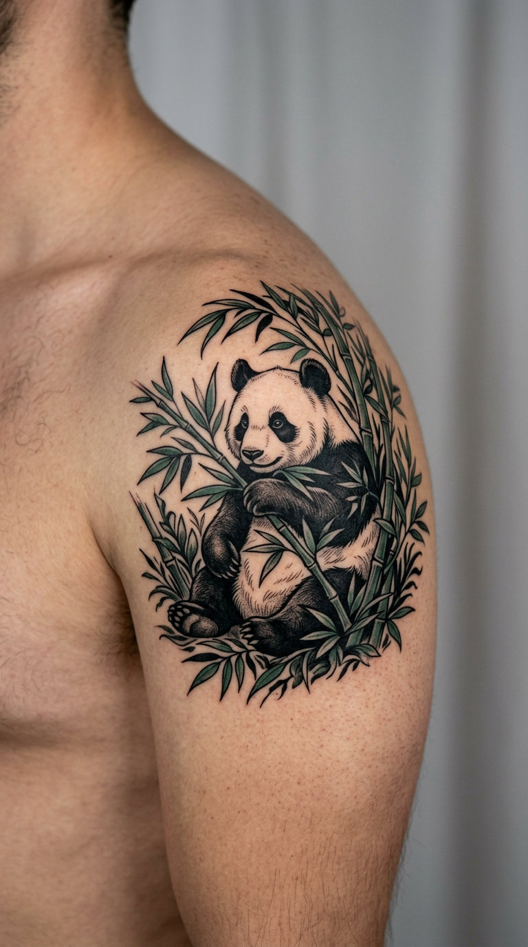 Jade-Green Panda Botanical Tattoo