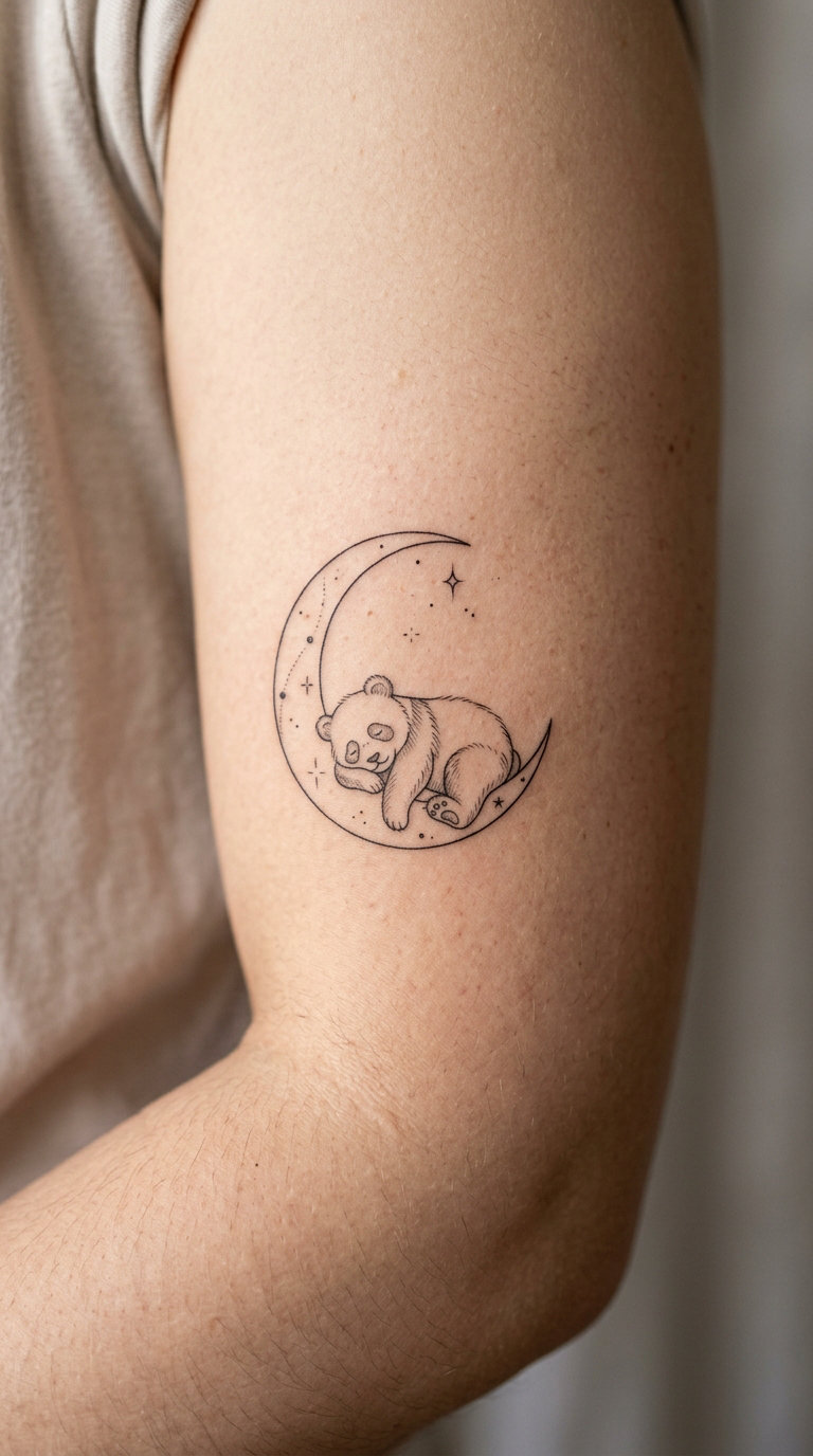 Fine-Line Panda in a Crescent Moon