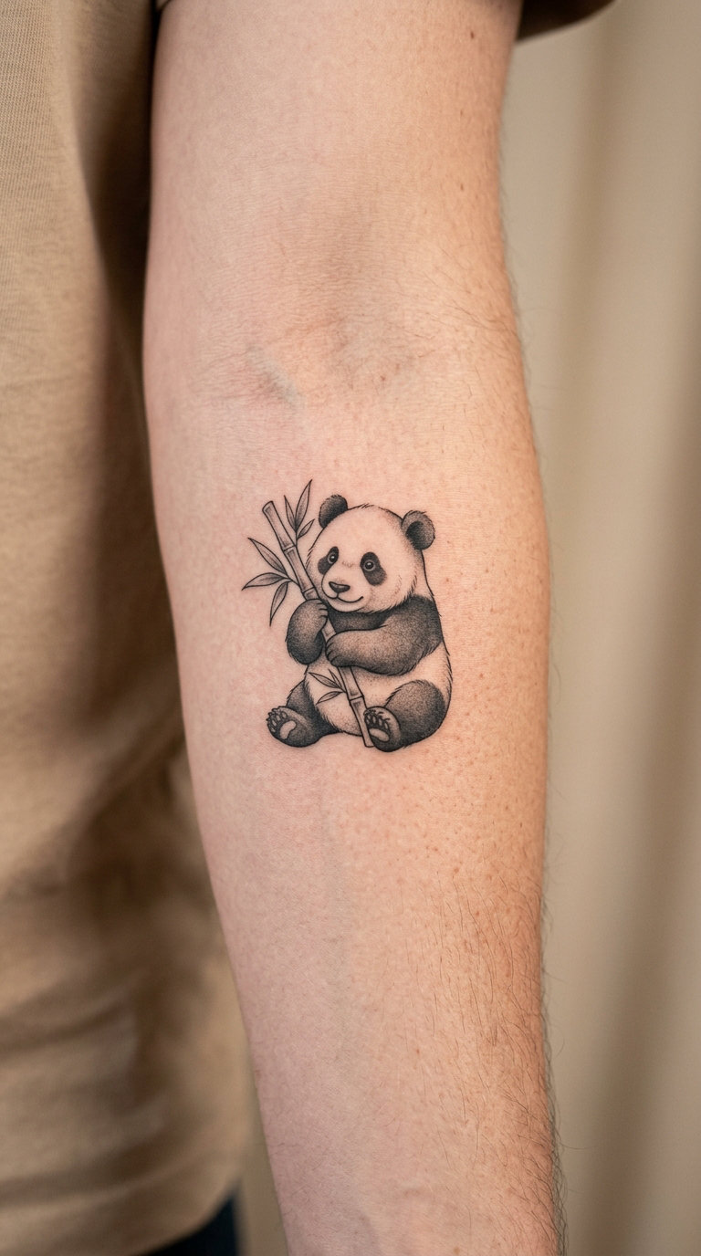 Panda Cub Holding Bamboo