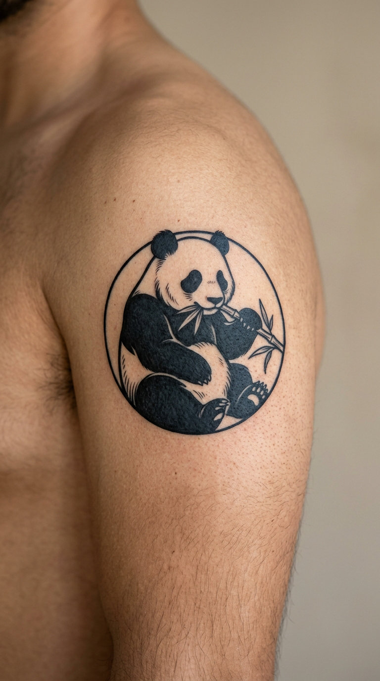 Blackwork Panda in a Circular Frame