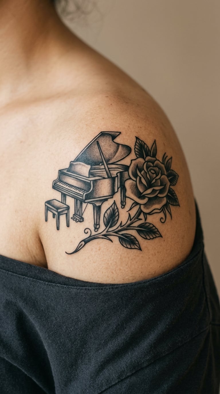 Piano and Rose on the Shoulder