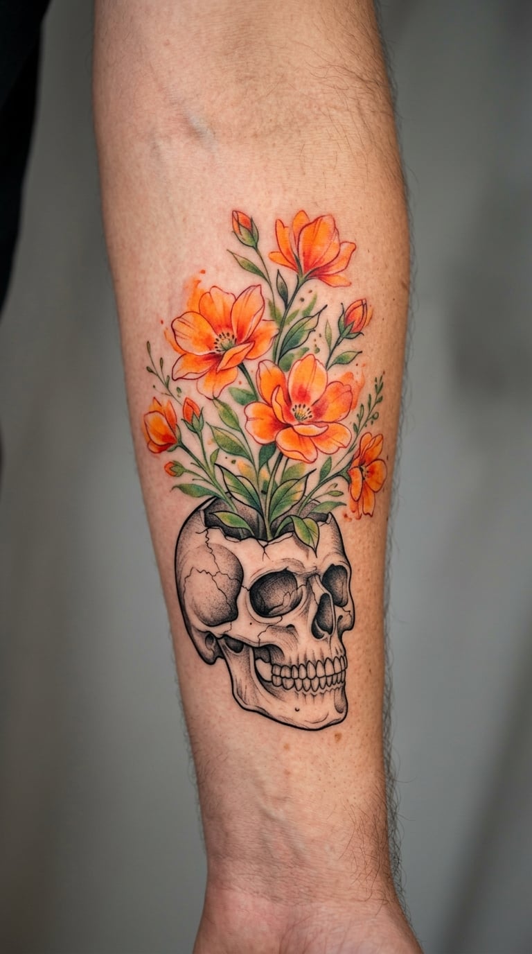 Watercolor Flowers Growing From an Open Skull