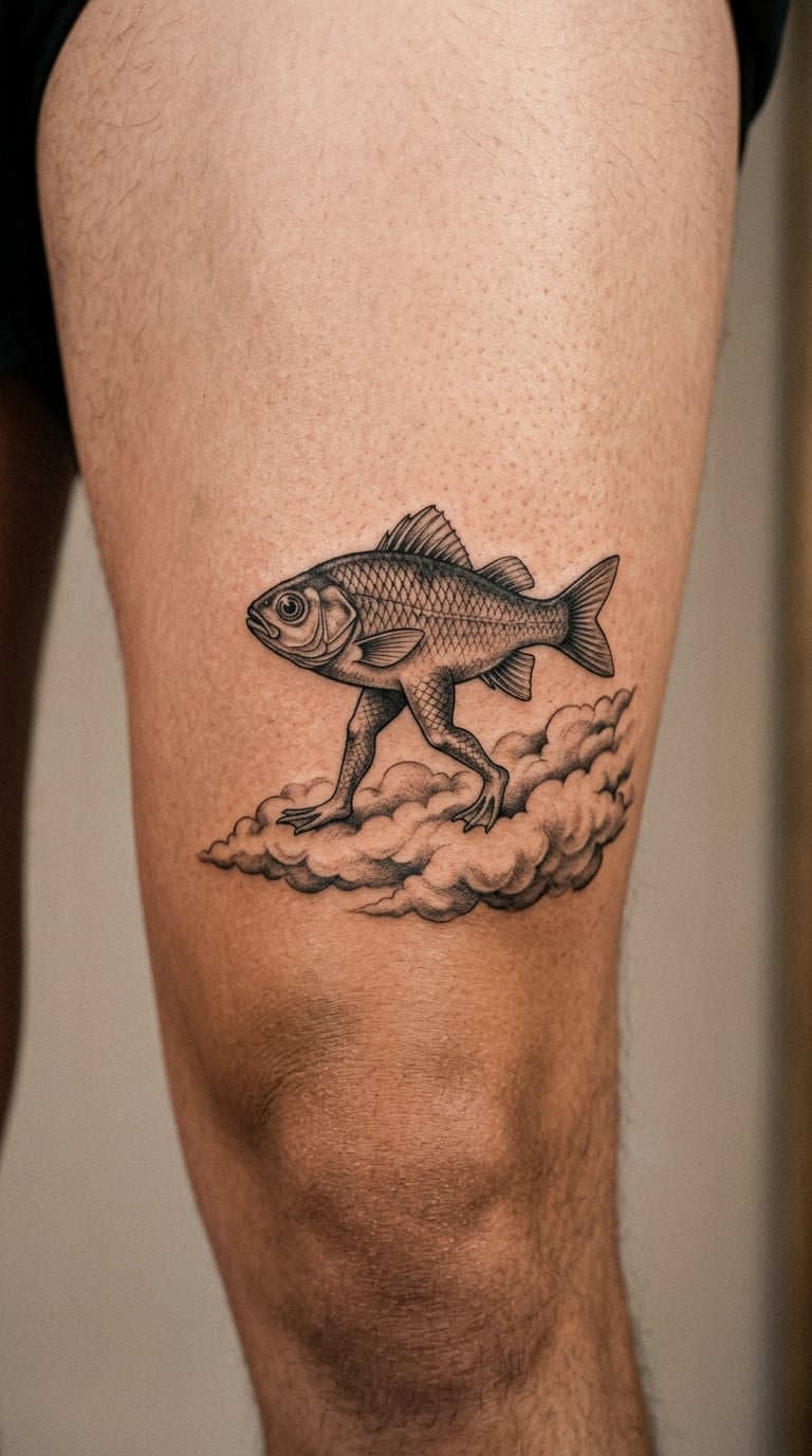 Surreal Fish Walking Across Clouds