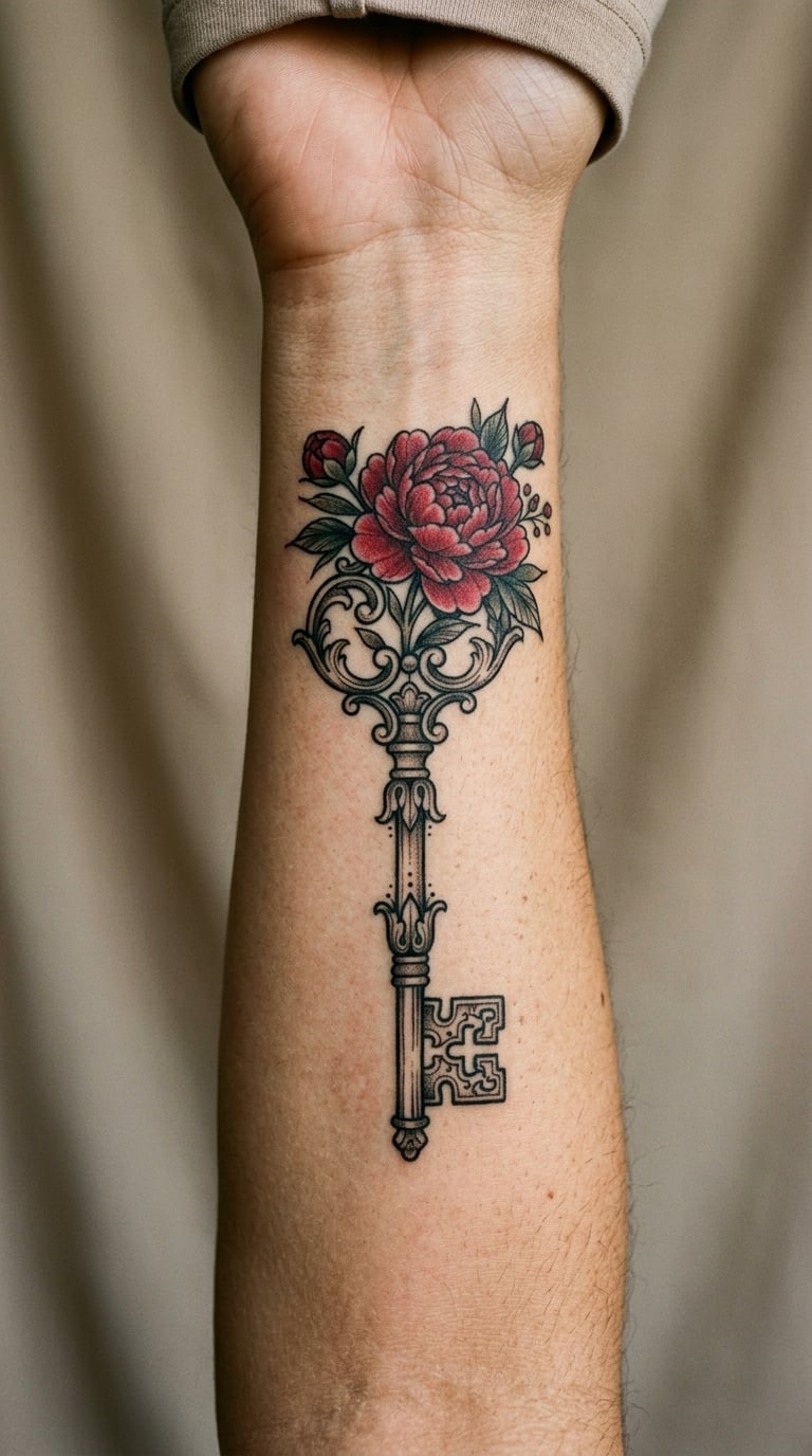 Antique Key Growing a Peony Flower
