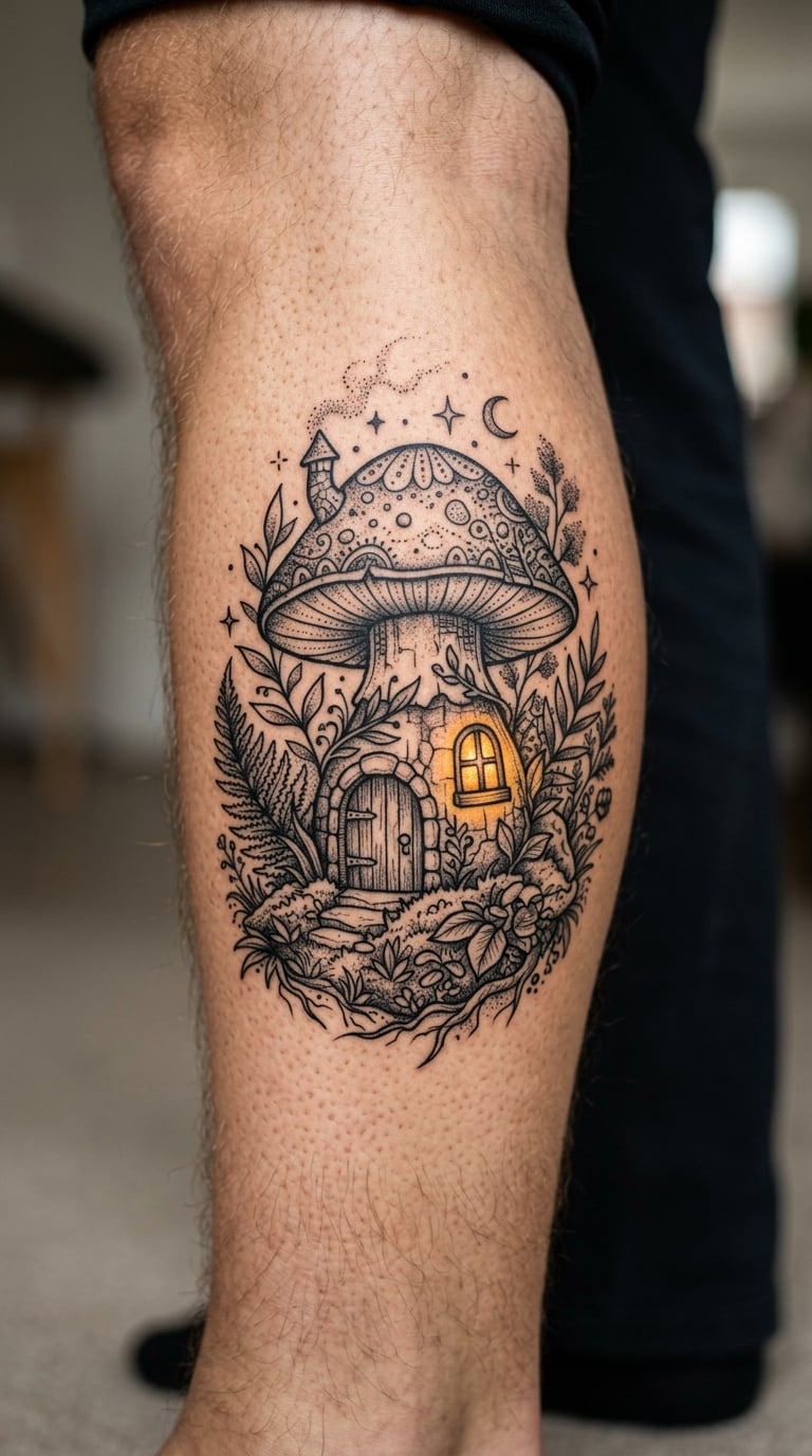 Blackwork Mushroom House With One Lit Window