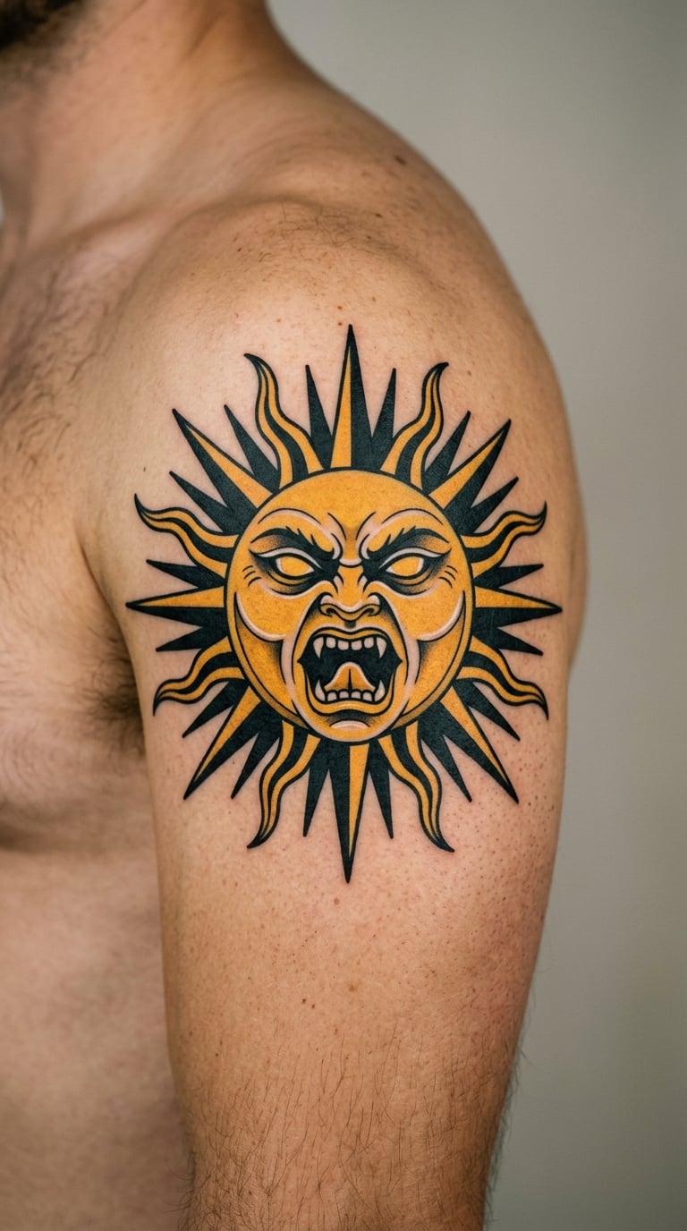 Neo-Traditional Sun With an Open Mouth