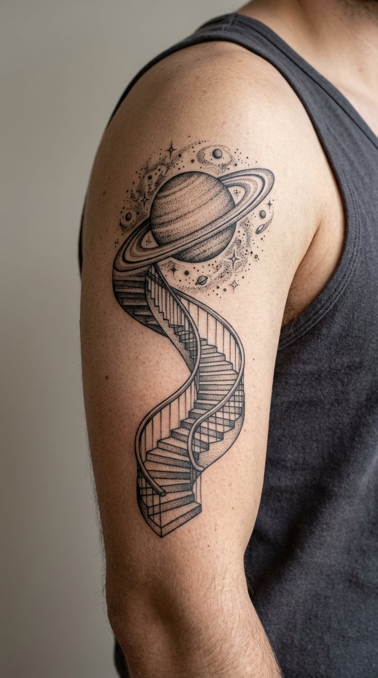 Dotwork Spiral Staircase Reaching a Planet