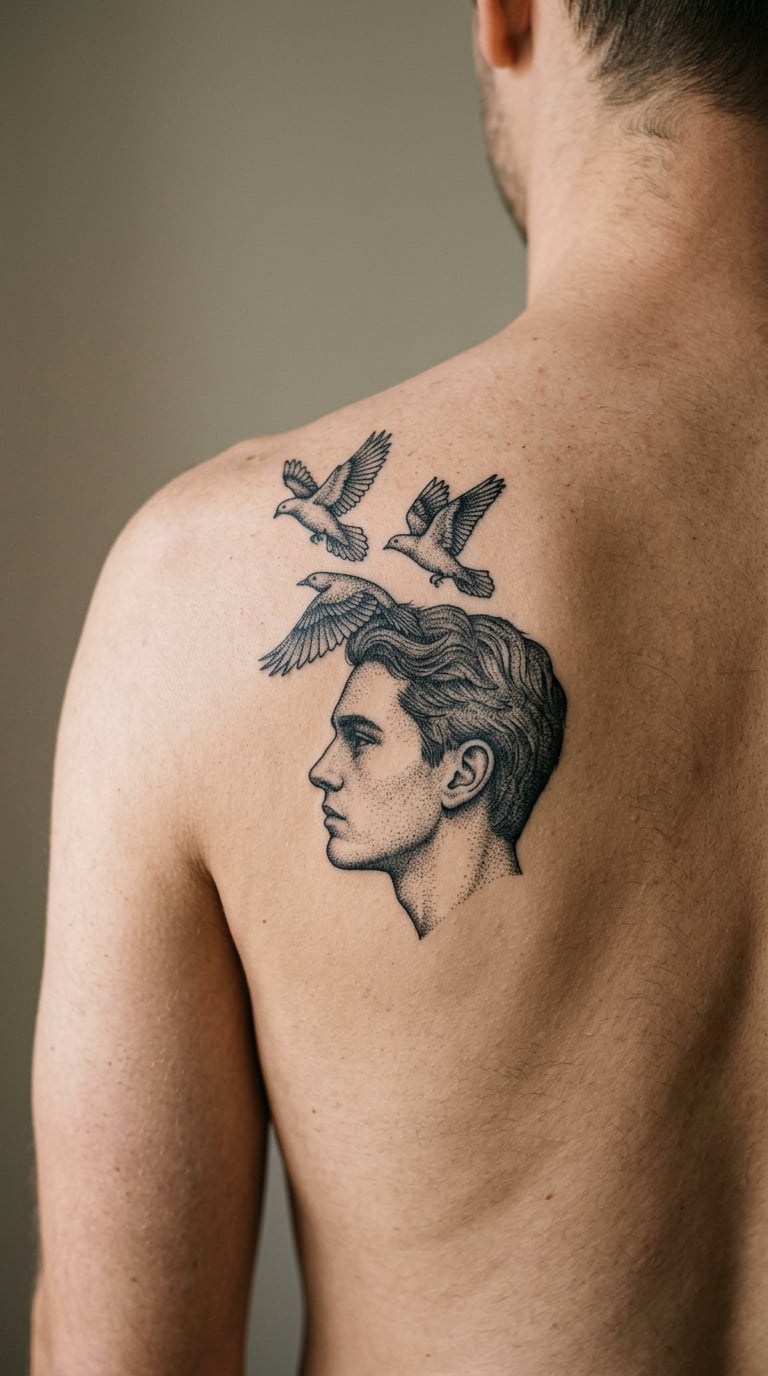 Dotwork Birds Leaving an Open Head