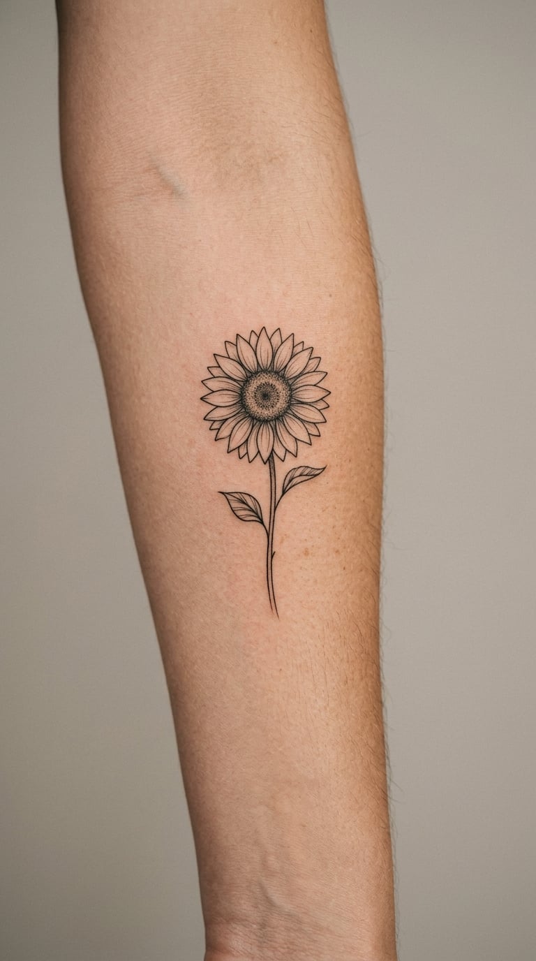 Single Fine-Line Sunflower on the Inner Forearm