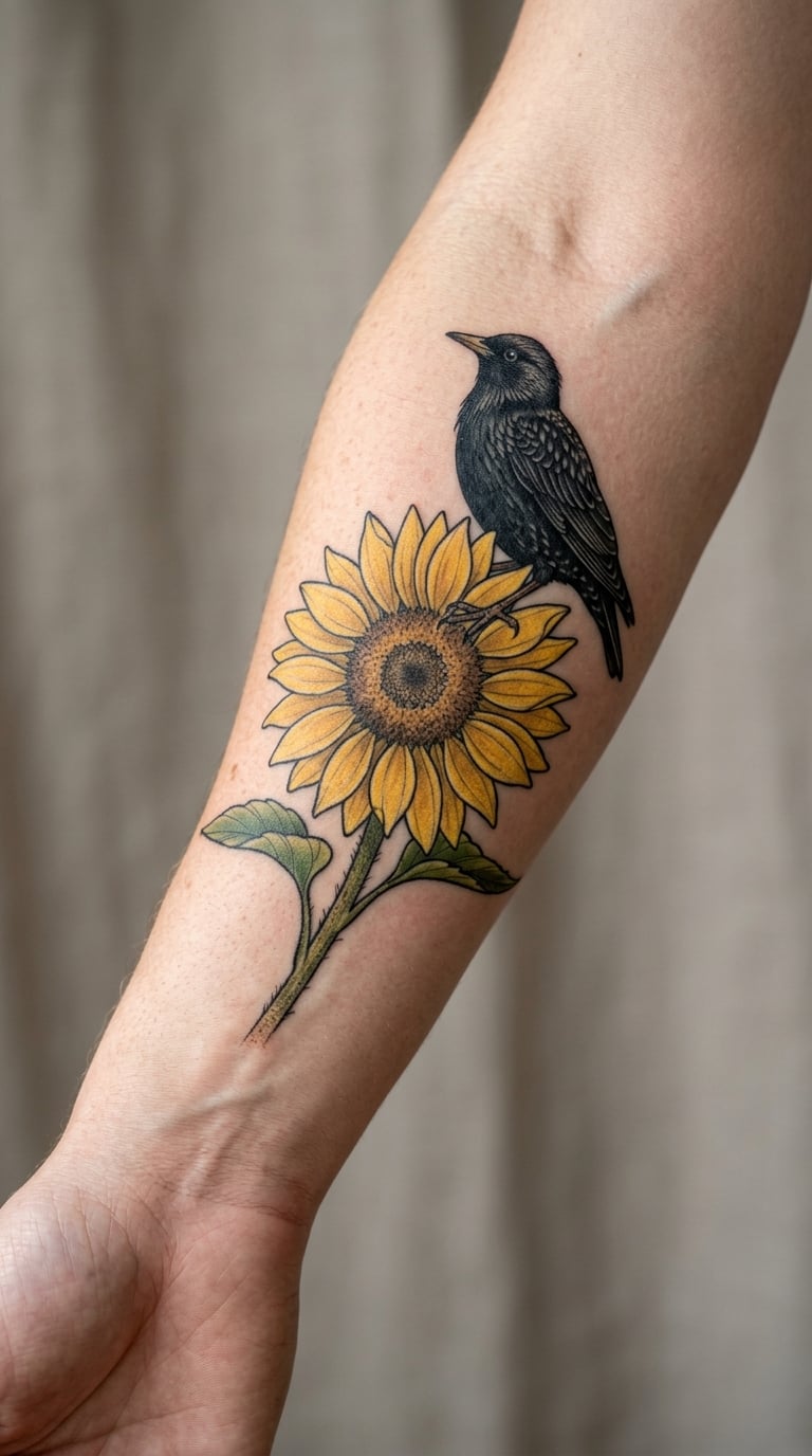 Sunflower With a Bird Perched Above