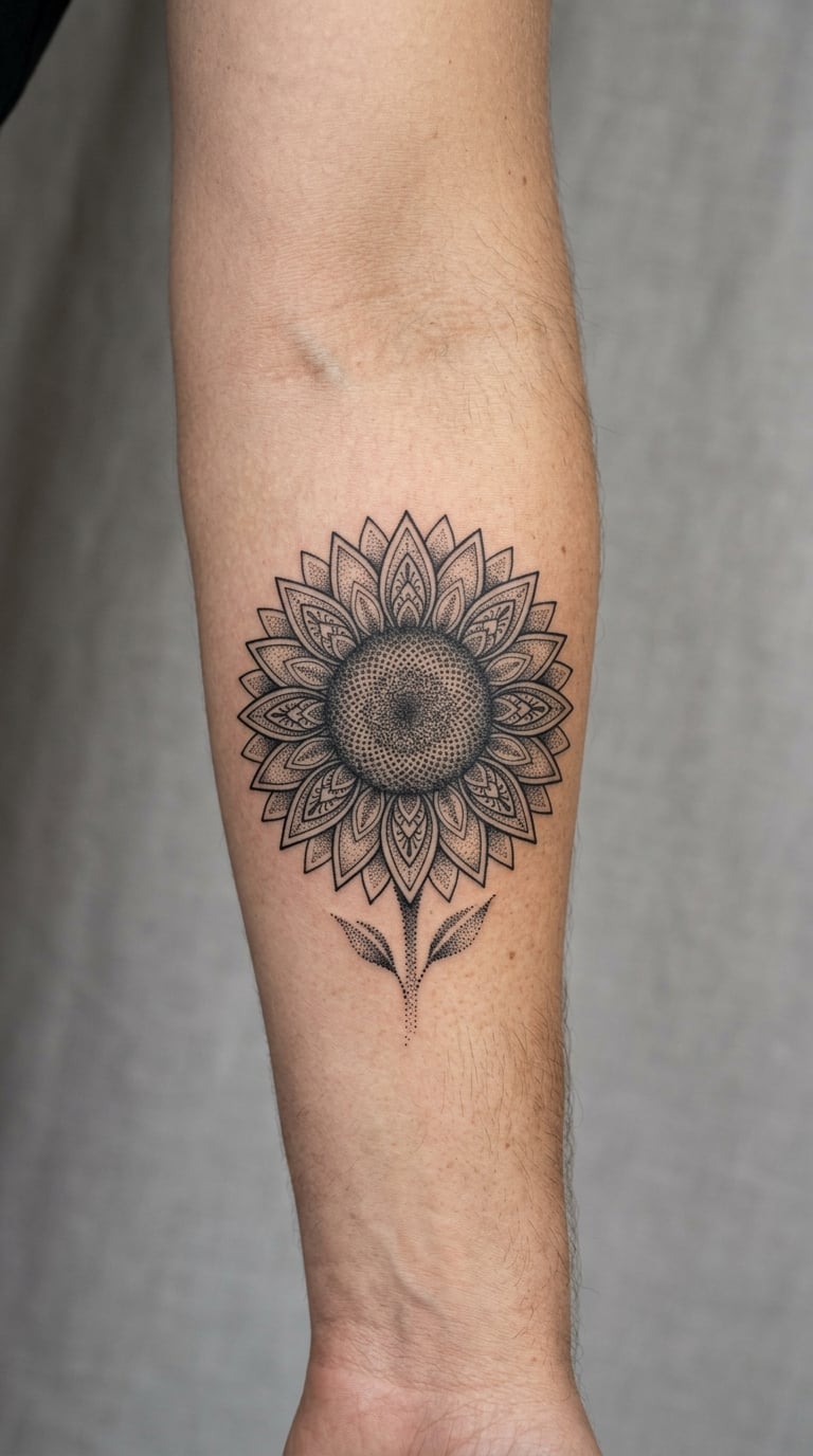 Dotwork Sunflower With a Stippled Centre