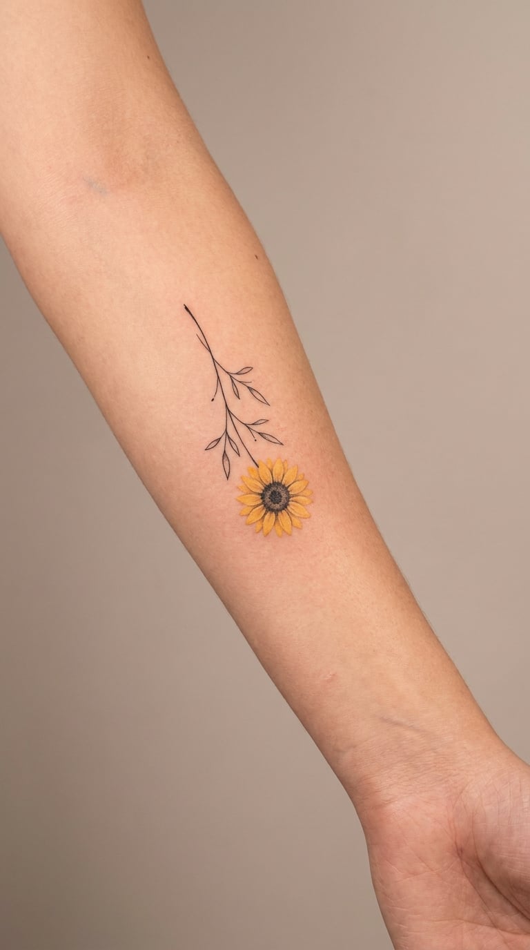 Small Sunflower Beneath a Fine-Line Branch