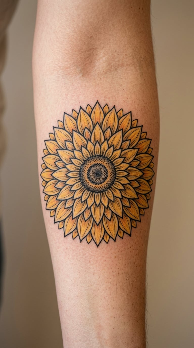 Sunflower Mandala for a Statement Forearm Tattoo