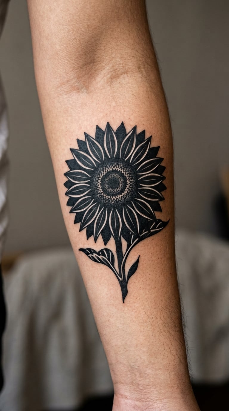 Blackwork Sunflower with Bold Petals