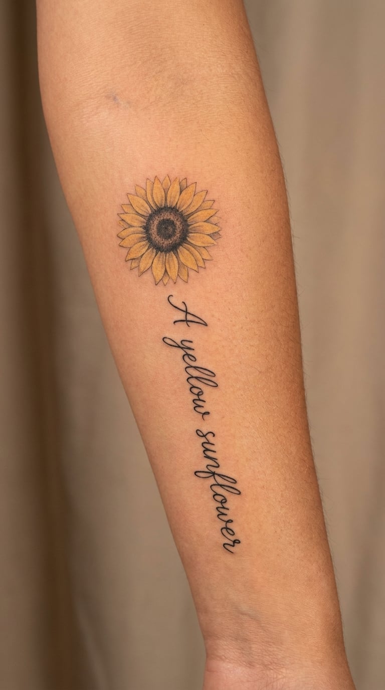 Sunflower-and-Script Forearm Tattoo