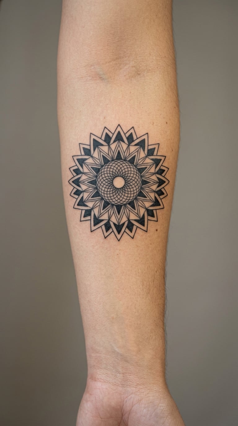 Geometric Sunflower on the Outer Forearm