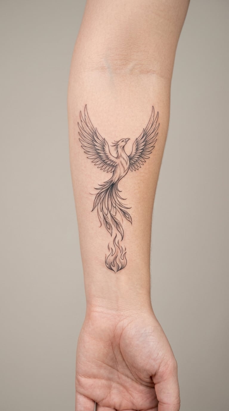 Fine-Line Phoenix Rising From a Small Flame