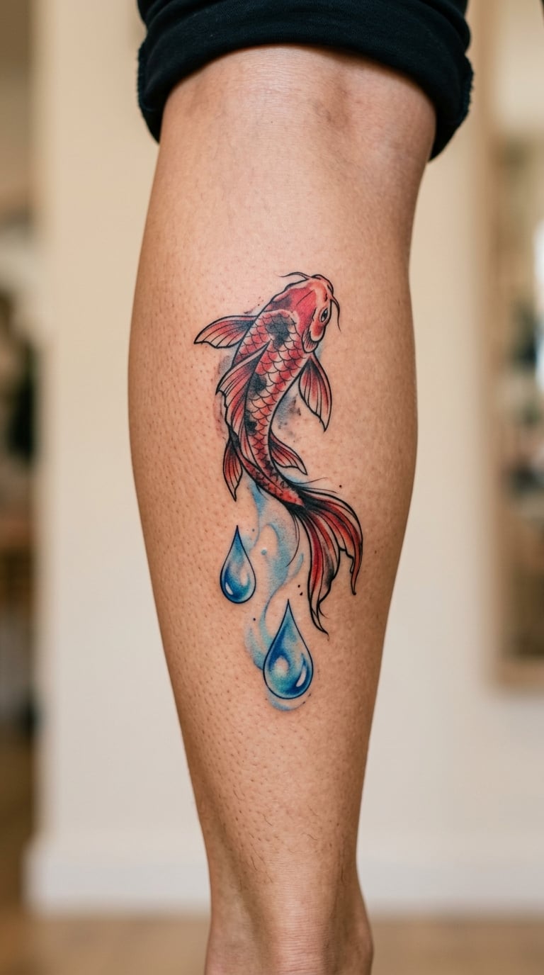 Koi with a Simple Wave and Water Droplets