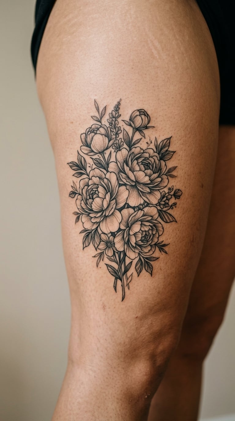 Peony Bouquet in Black-and-Grey