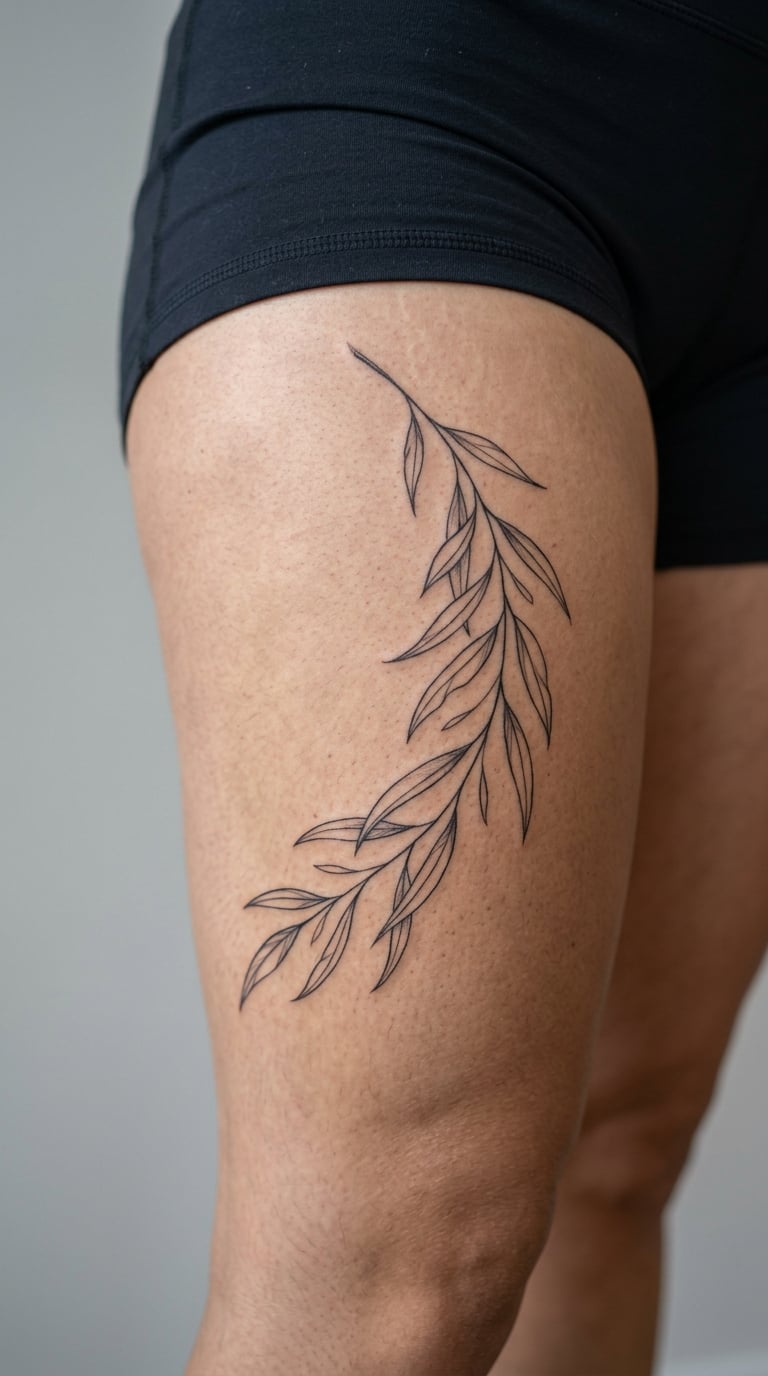 Botanical Branch Curving Around the Thigh