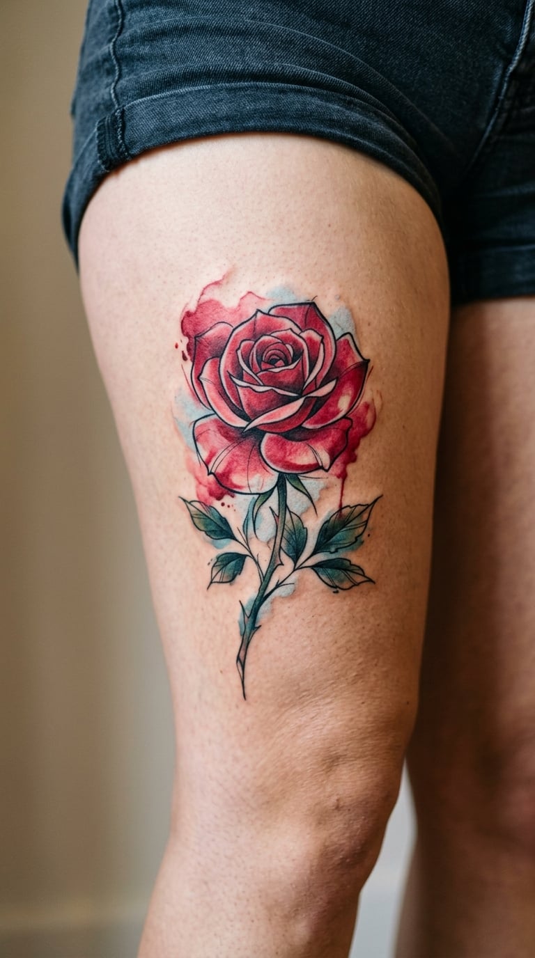 Red Rose with Loose Watercolor Splashes