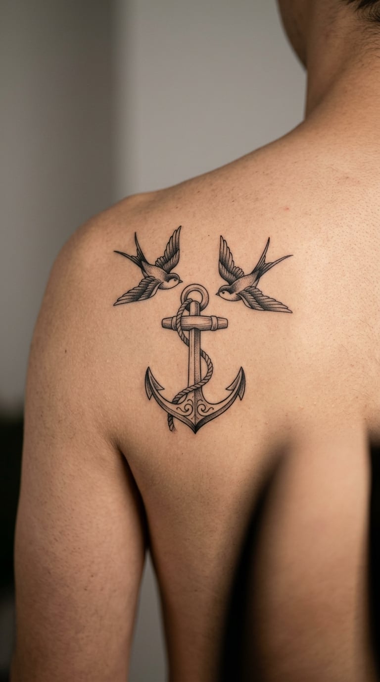 Black and Grey Anchor with Two Swallows in Flight