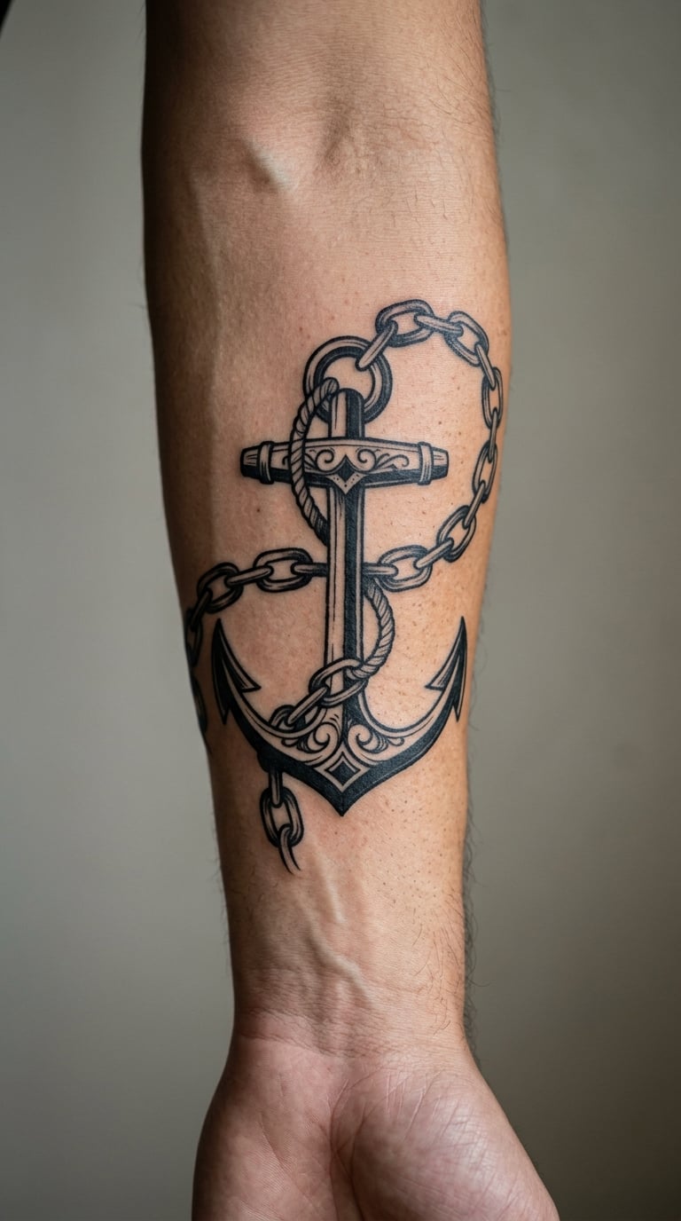 Anchor with a Chain Curving Around the Forearm