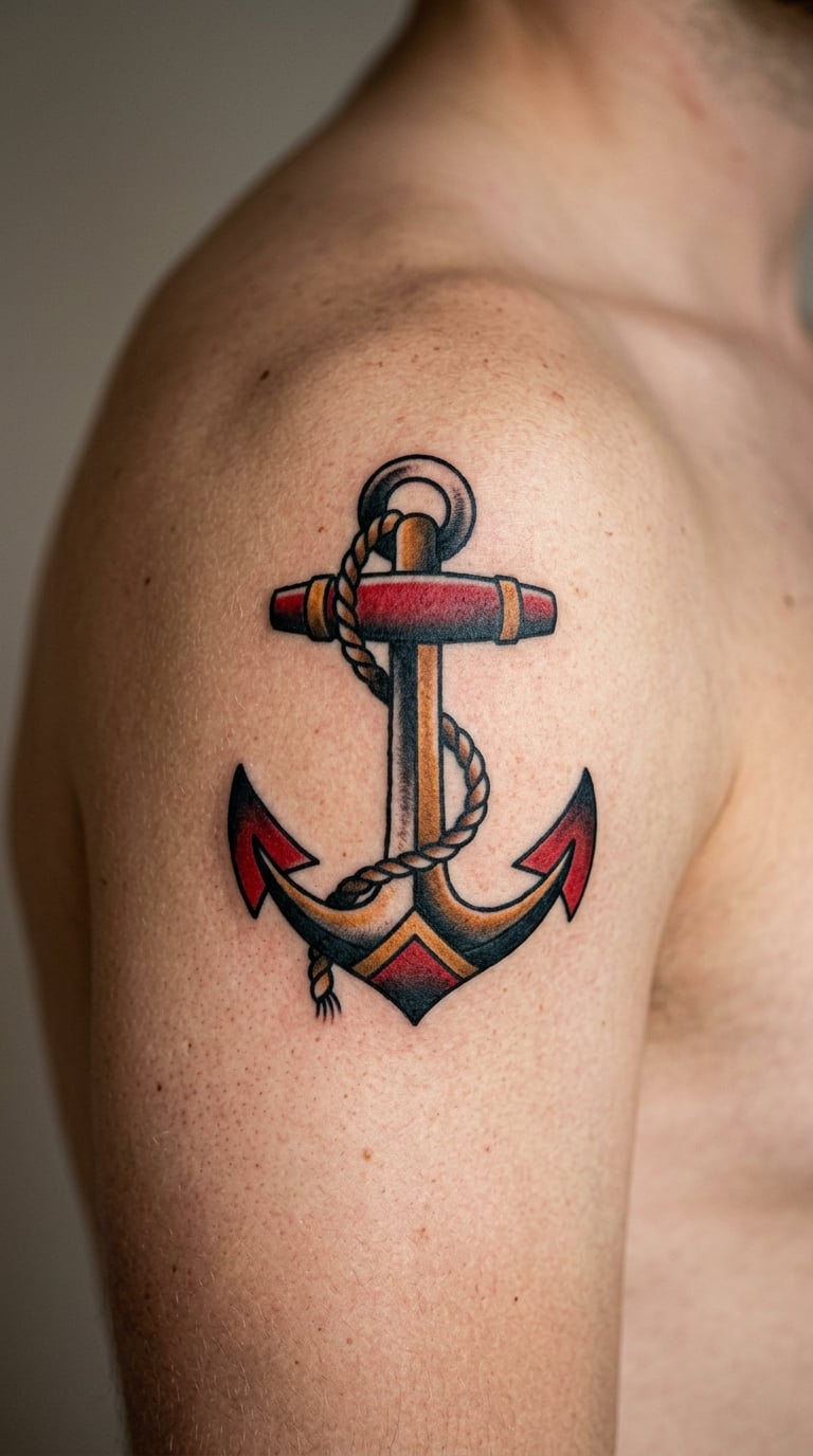 Old-School Traditional Anchor in Red and Gold
