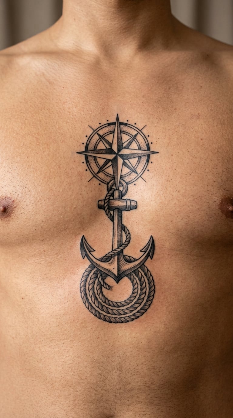 Anchor with Compass Rose and Coiled Rope on the Chest
