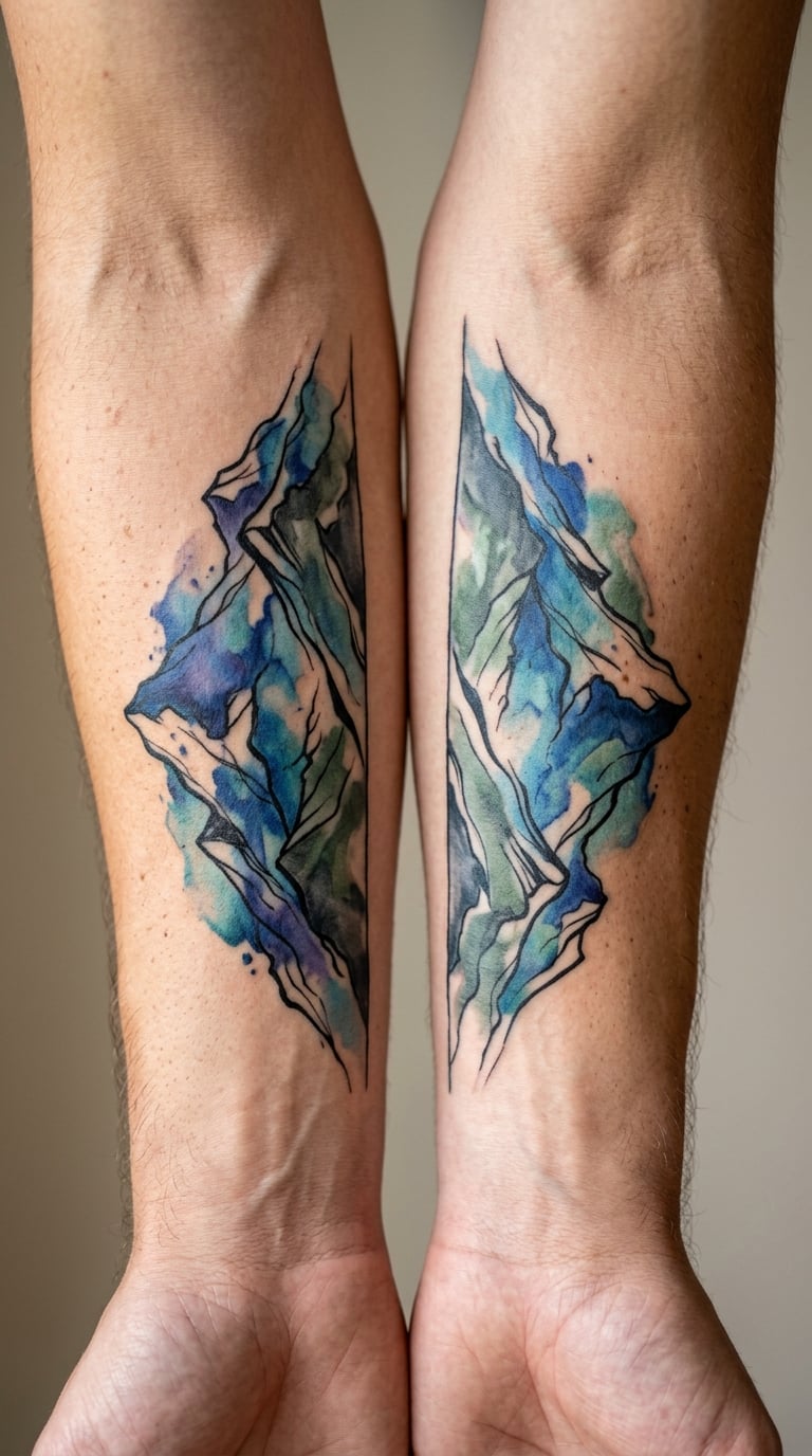 Two Halves of an Abstract Watercolor Mountain