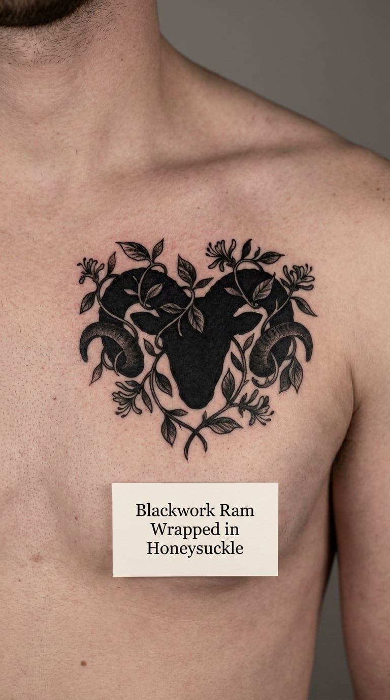 Blackwork Ram Wrapped in Honeysuckle