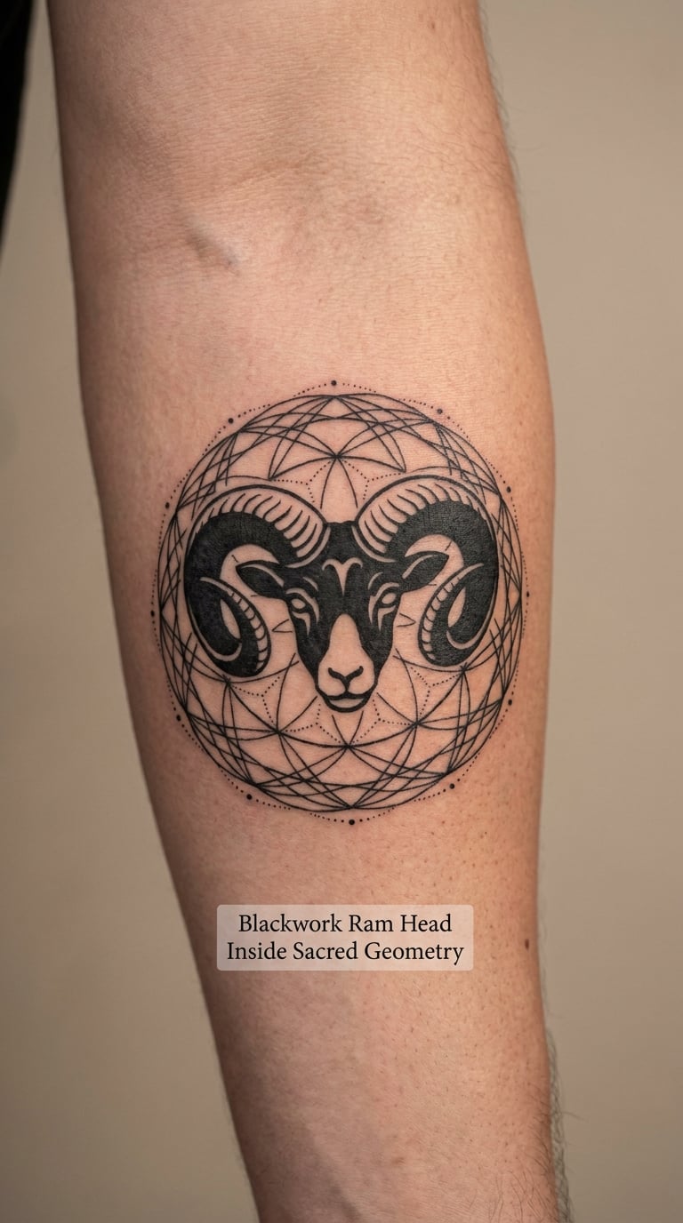 Blackwork Ram Head Inside Sacred Geometry
