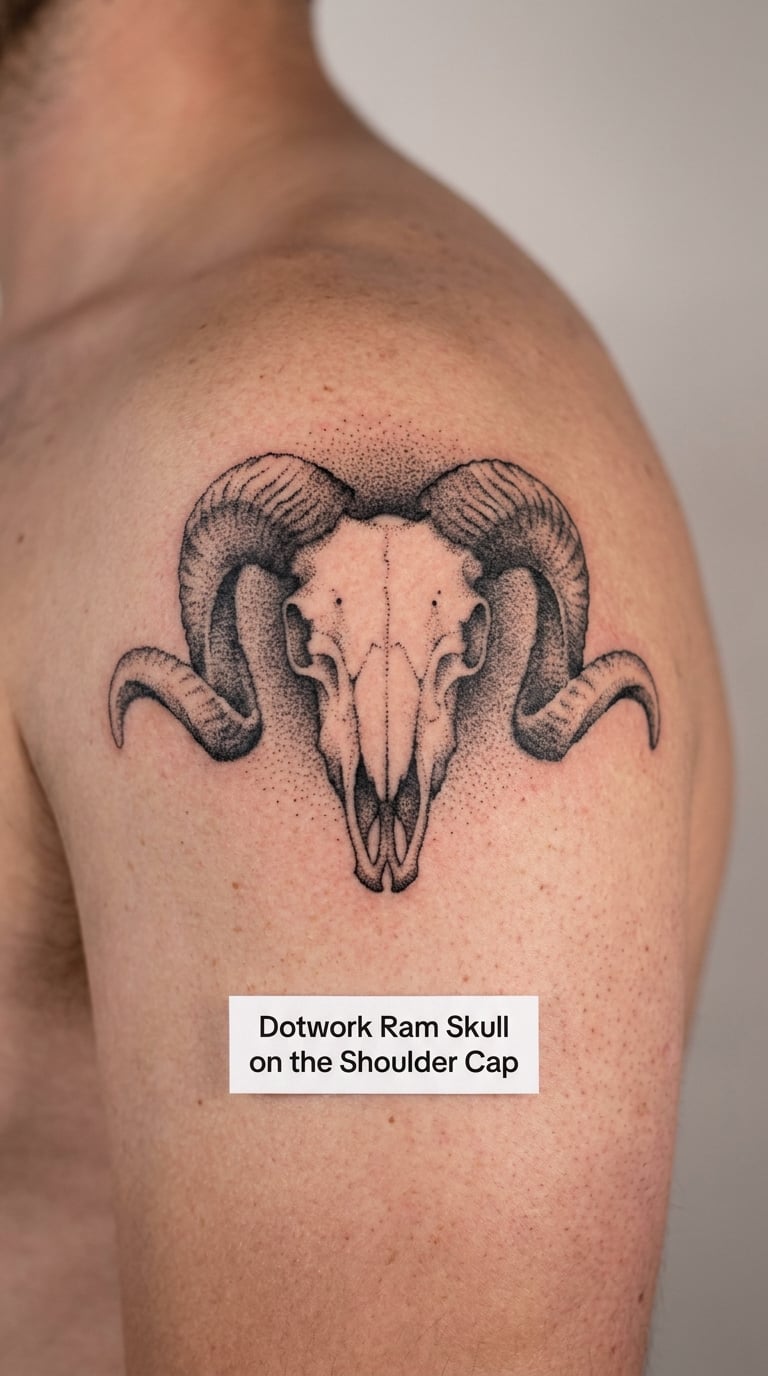 Dotwork Ram Skull on the Shoulder Cap