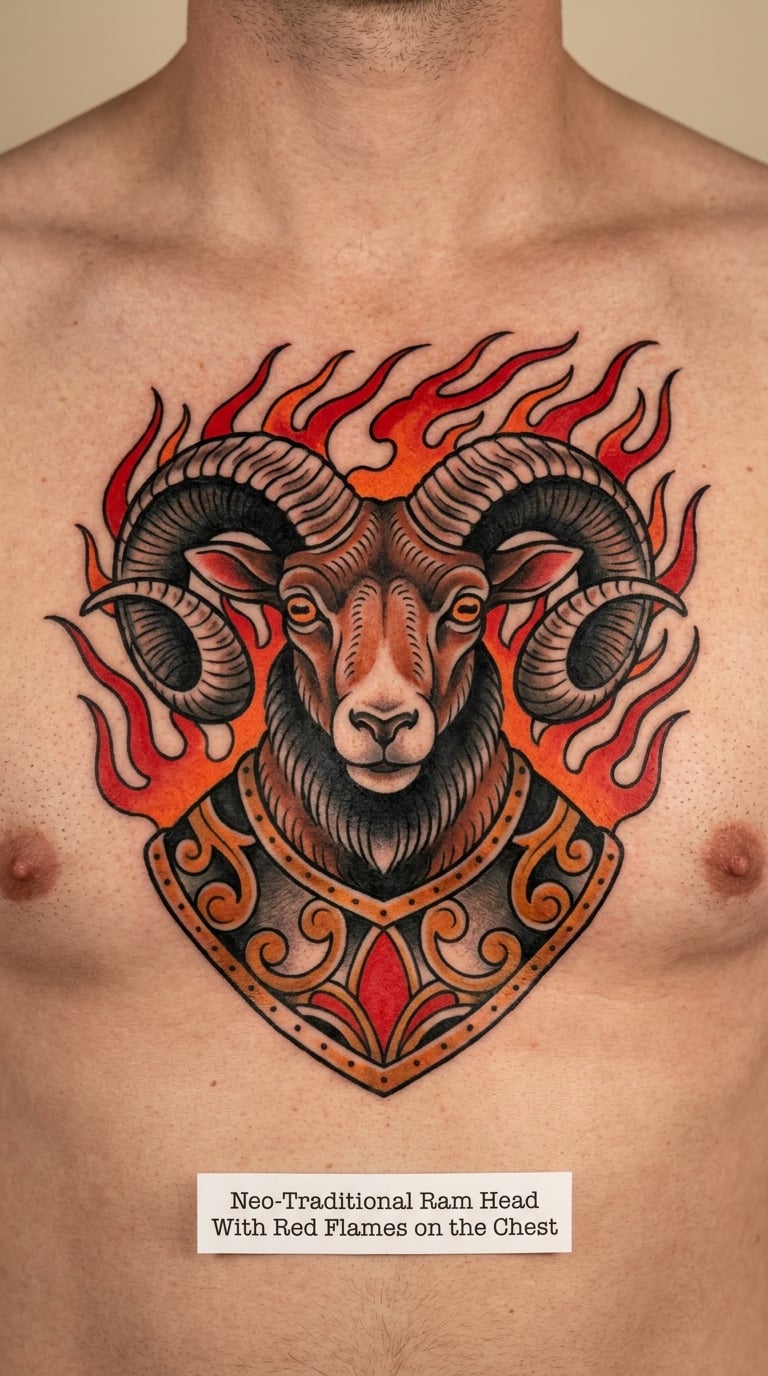 Neo-Traditional Ram Head With Red Flames on the Chest