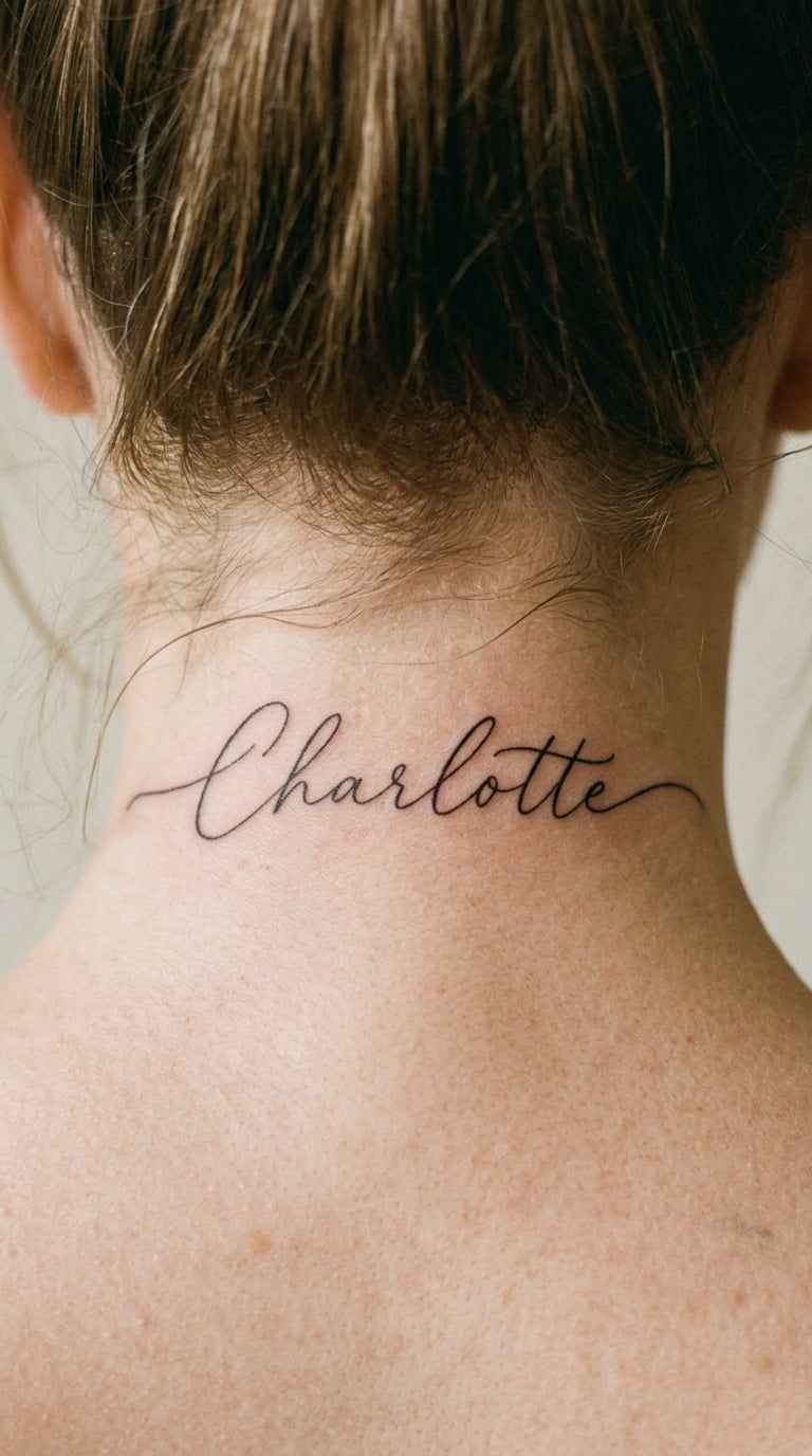 Cursive Name in Fine Line Across the Nape