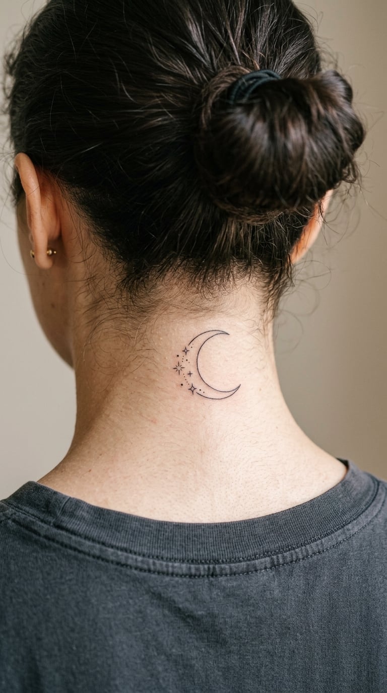 Crescent Moon and Star Cluster in Line and Dotwork