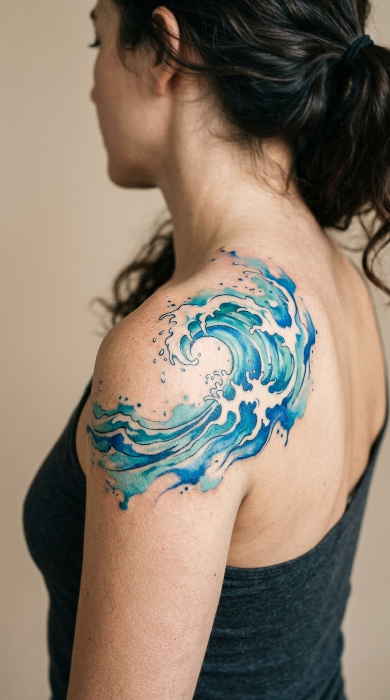 Watercolor Wave Across the Shoulder
