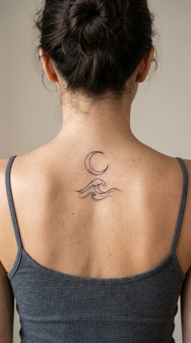Fine-Line Moon and Waves on the Spine