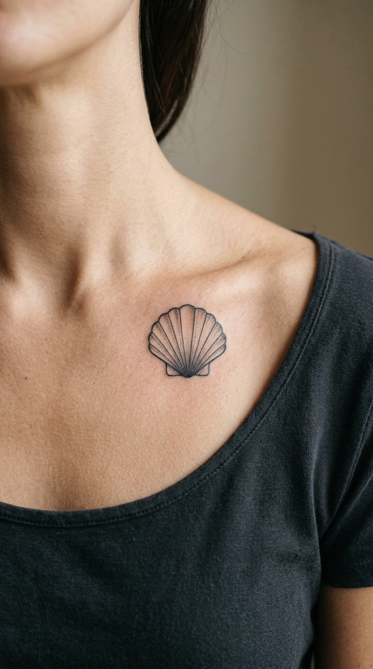 Minimal Shell Collarbone Tattoo