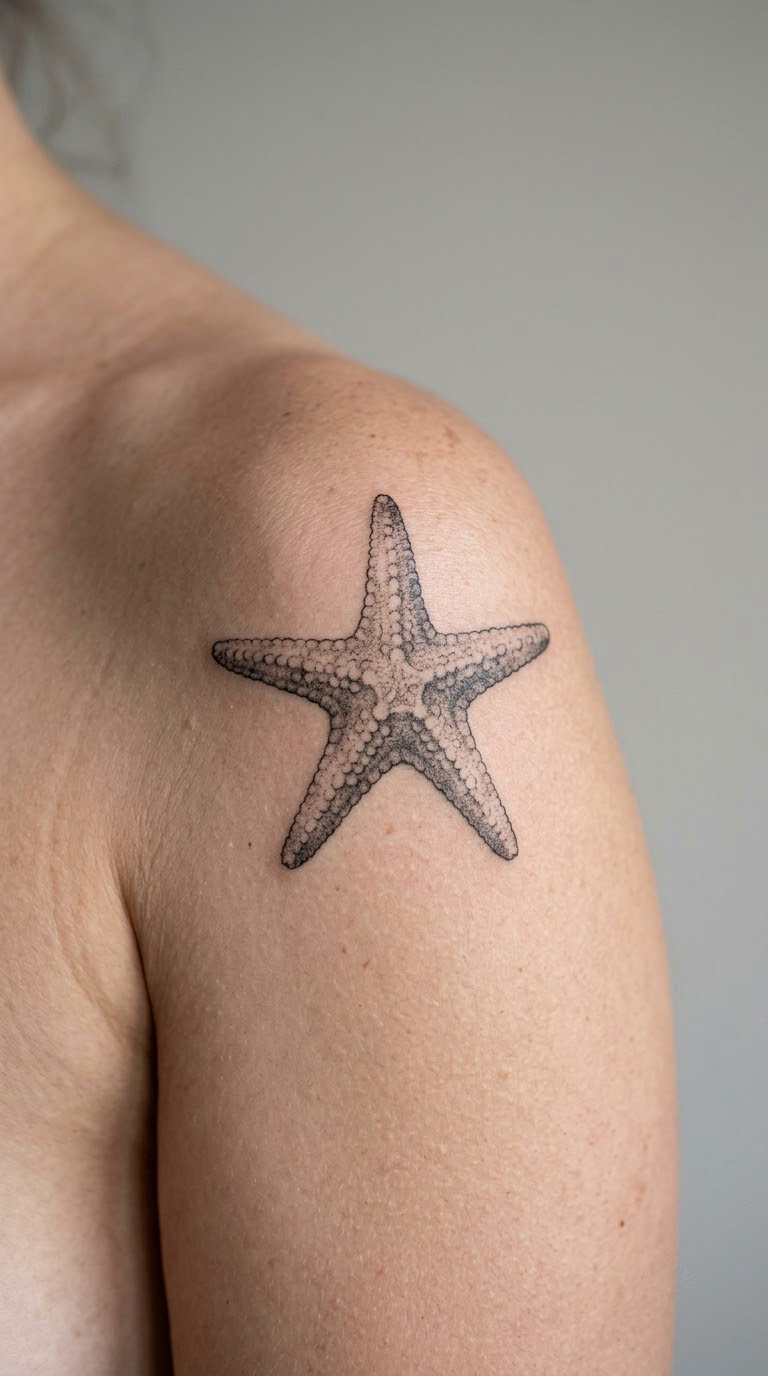 Realistic Starfish Shoulder Tattoo