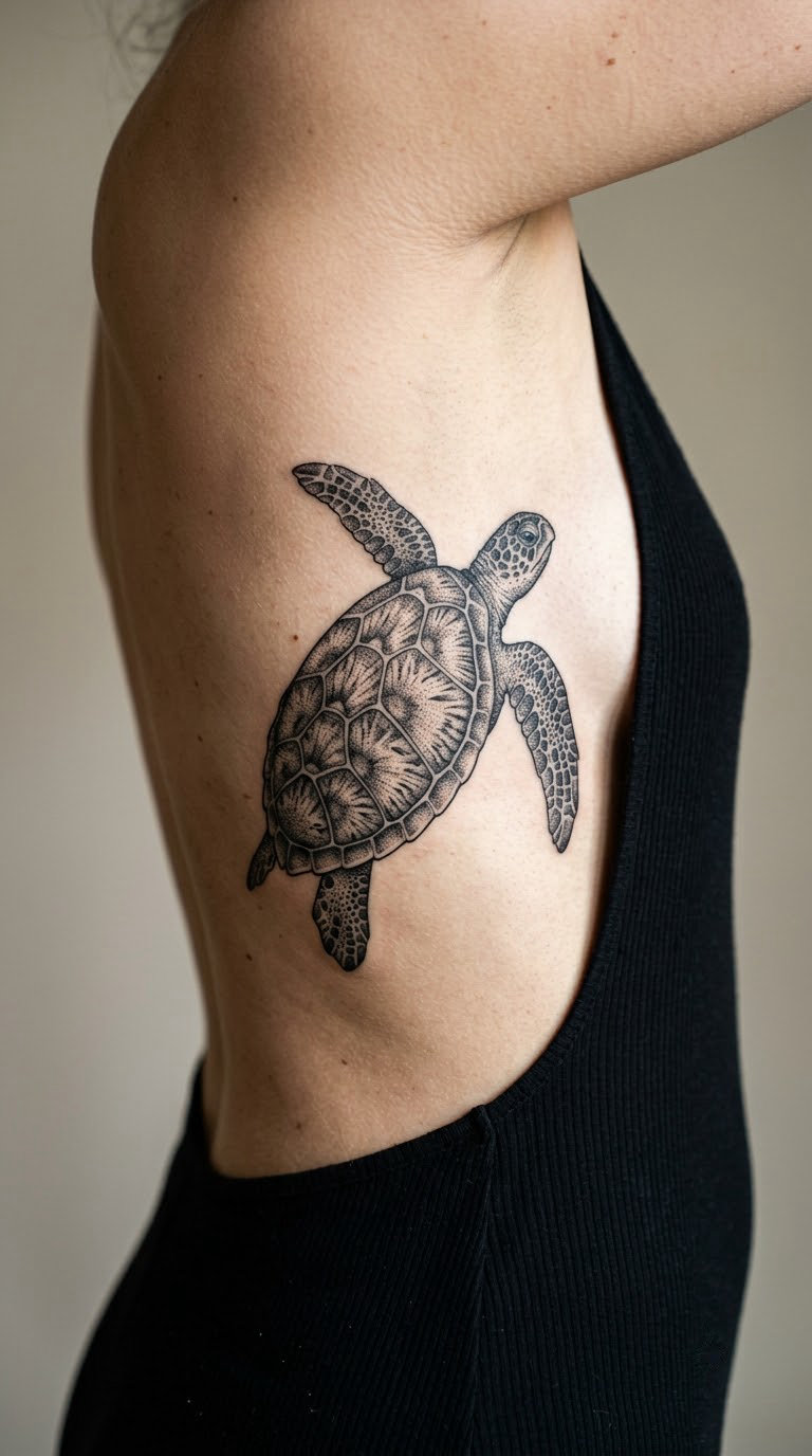 Dotwork Sea Turtle on the Rib